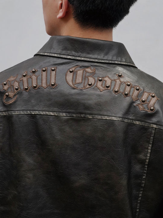 1807 Embroidery Patch Studs Leather Jacket  | Face 3 Face