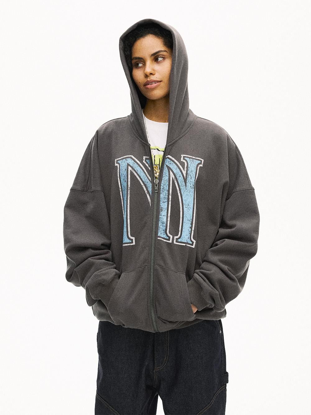 MHARF Gray Vintage Print Zip-Up Hoodie | Face 3 Face