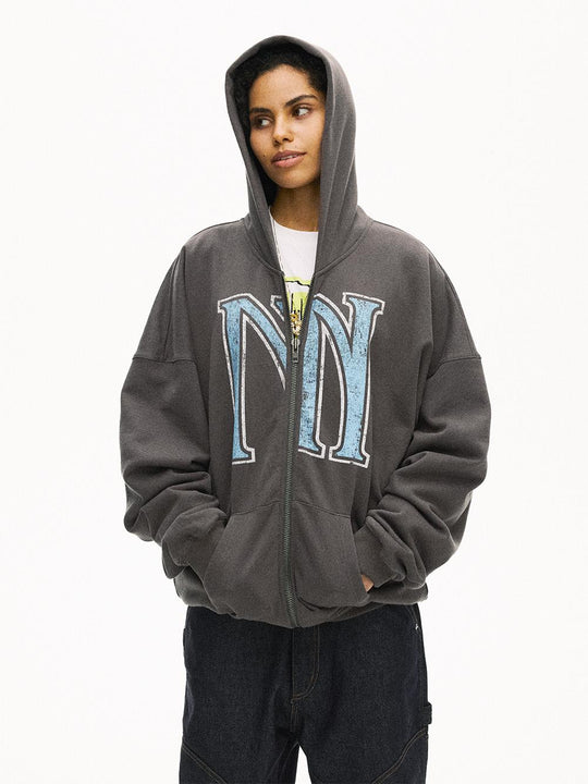 MHARF Gray Vintage Print Zip-Up Hoodie | Face 3 Face