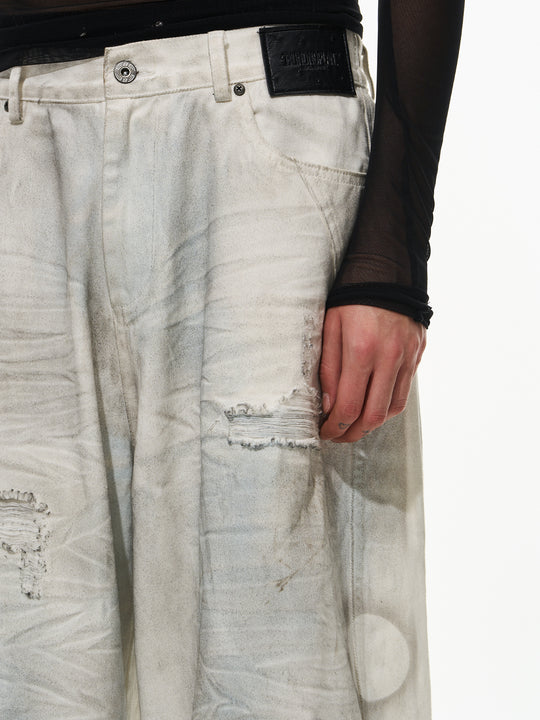 BLIND NO PLAN Washed Mud-Dyed Ripped White Baggy Jeans | Face 3 Face