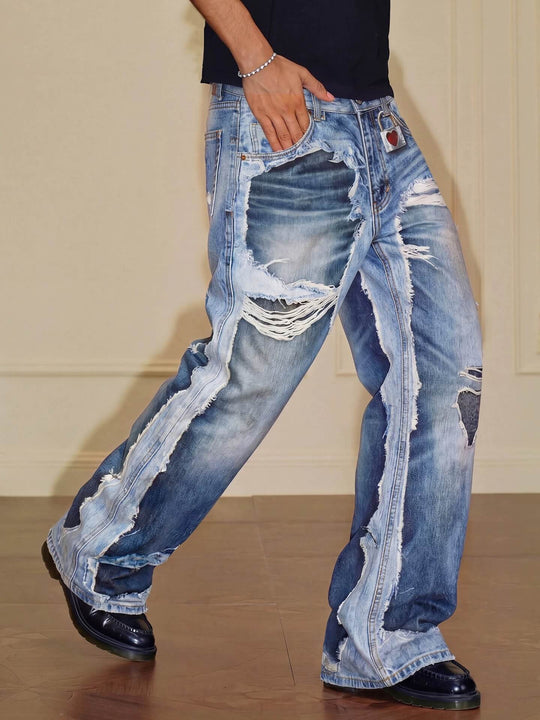 YADcrew Vintage Distressed Denim Print Loose Fit Wide Leg Jeans | Face 3 Face