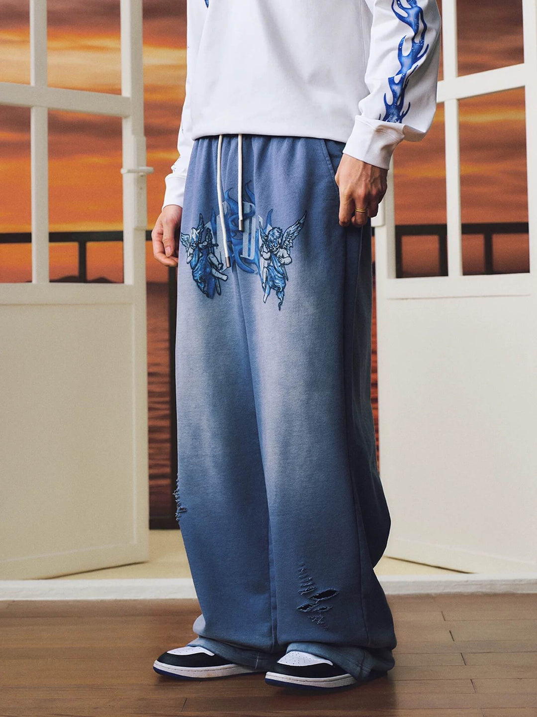 MEDM Skeleton Angel Graphic Print Washed Baggy Sweatpants | Face 3 Face
