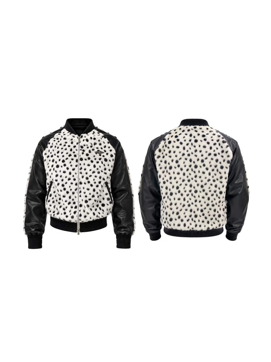 KARMANISTIC Leopard Print Faux Fur PU Leather Sleeve Varsity Jacket | Face 3 Face
