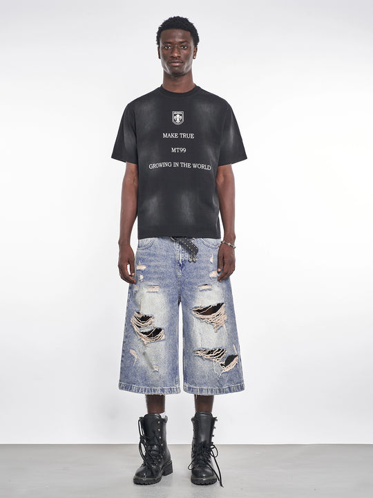 F3F Select Light Blue Destroyed Denim Baggy Shorts | Face 3 Face