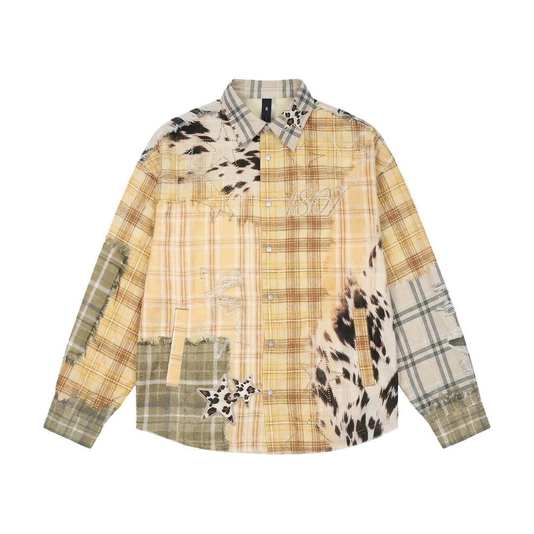 1807 Patchwork Print Plaid Rhinestone Long Sleeve Shirt | Face 3 Face