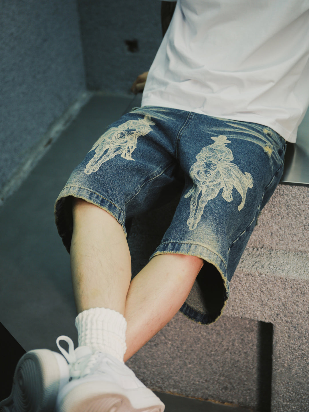 S45 Digital Printed Rivets Ruined Washed Denim Shorts | Face 3 Face