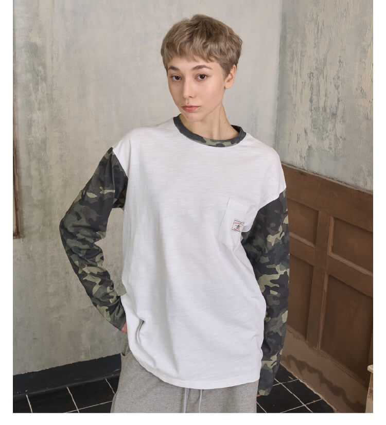 S45 Camouflage Sleeve Color Block Long Sleeve Tee