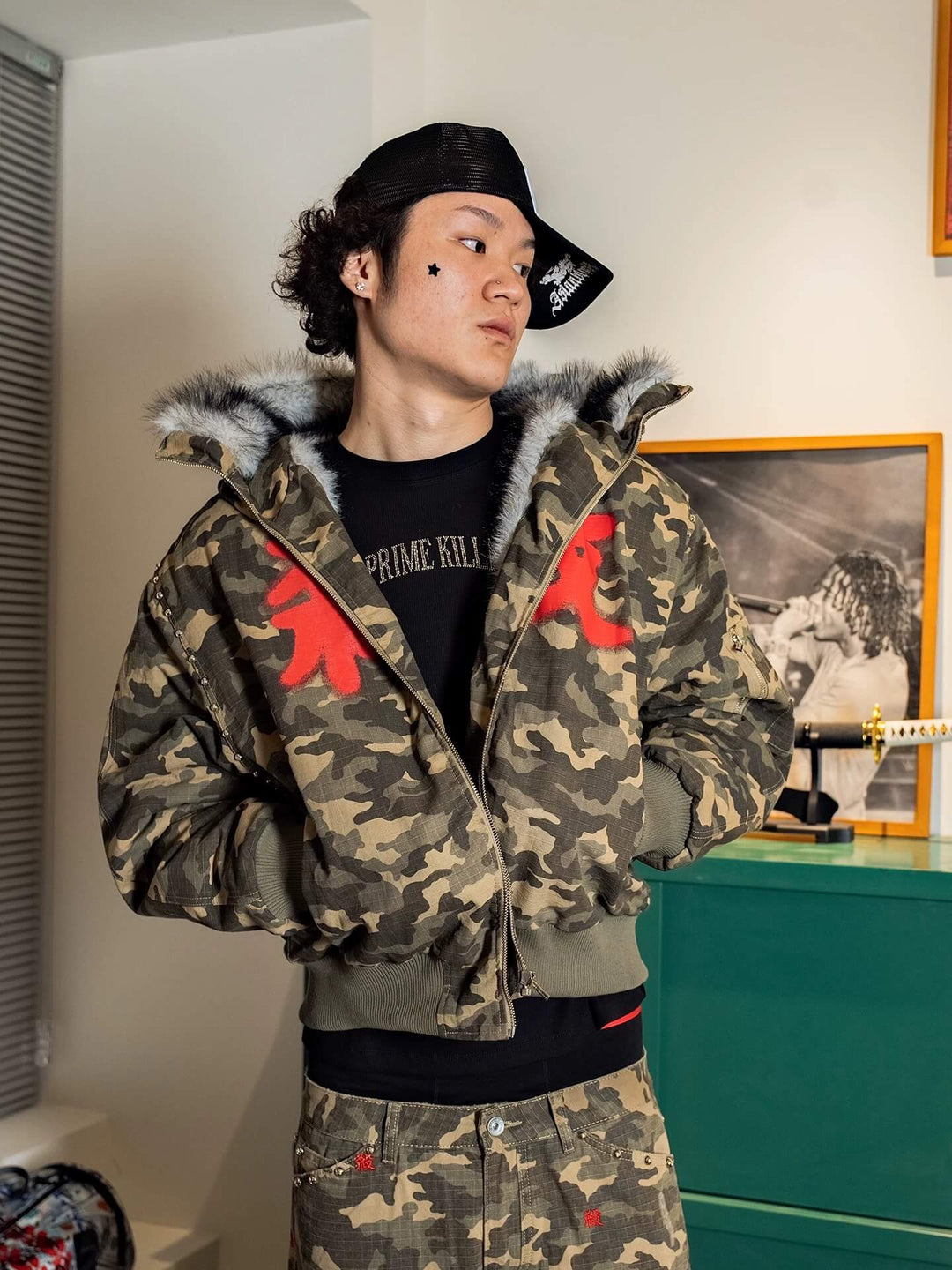 TGFCLUB Washed Camo Studded Faux Fur Hooded Jacket | Face 3 Face