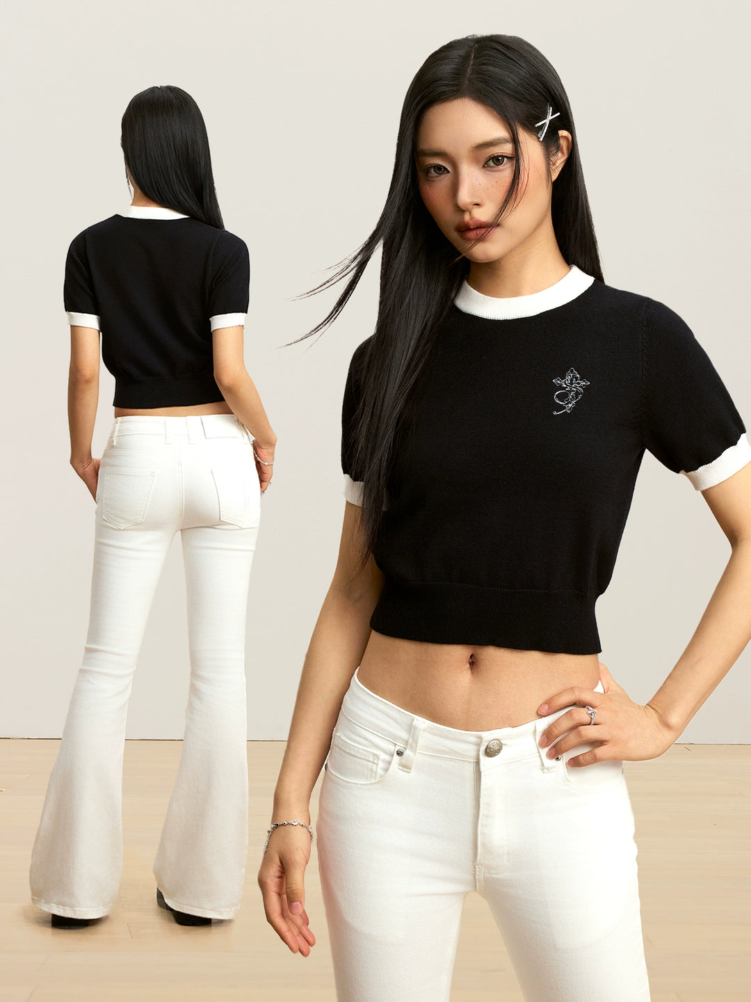 Small Town Kid Contrast Color Knit Slim Fit Cropped Tee | Face 3 Face