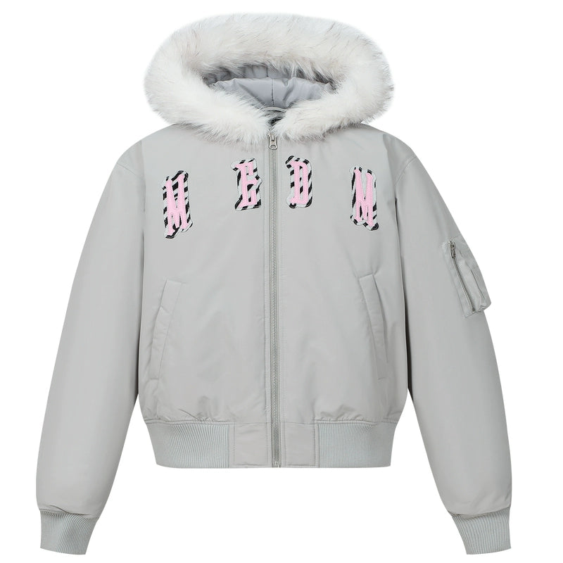 MEDM Animal Logo Patch Fur Hooded Bomber Jacket | Face 3 Face
