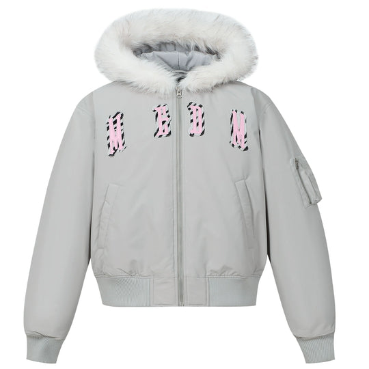 MEDM Animal Logo Patch Fur Hooded Bomber Jacket | Face 3 Face