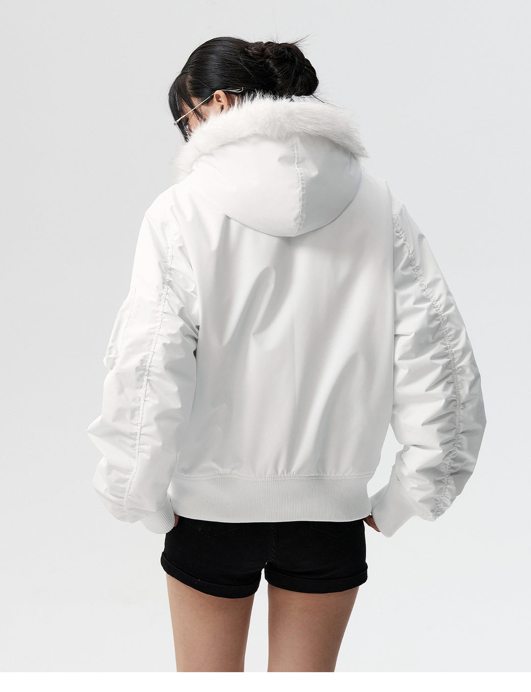 MEDM Animal Logo Patch Fur Hooded Bomber Jacket | Face 3 Face