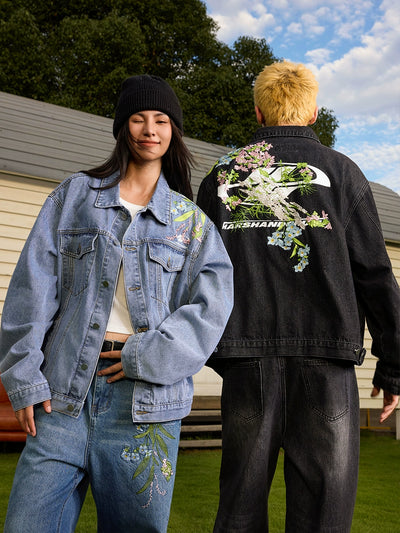 Harsh and Cruel Floral Embroidered Washed Denim Jacket | Face 3 Face