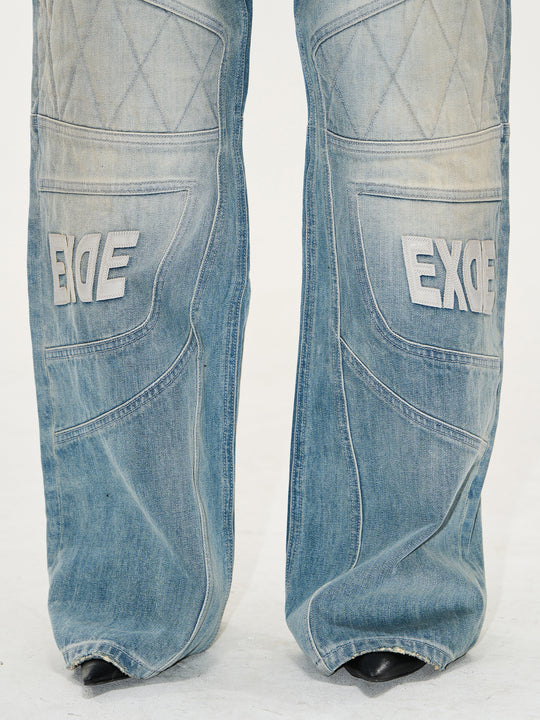 BLIND NO PLAN Washed Biker Patchwork Leather Embroidered Baggy Jeans | Face 3 Face