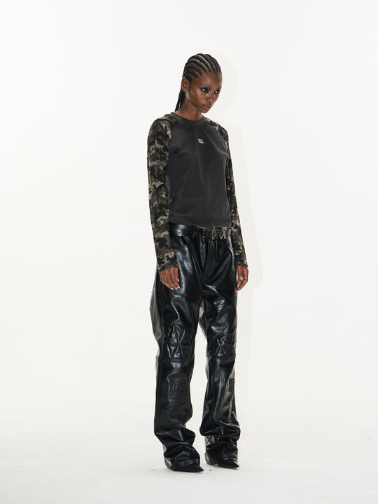 BLIND NO PLAN Camouflage Contrast Embroidered Raglan Long Sleeve Short Tee | Face 3 Face