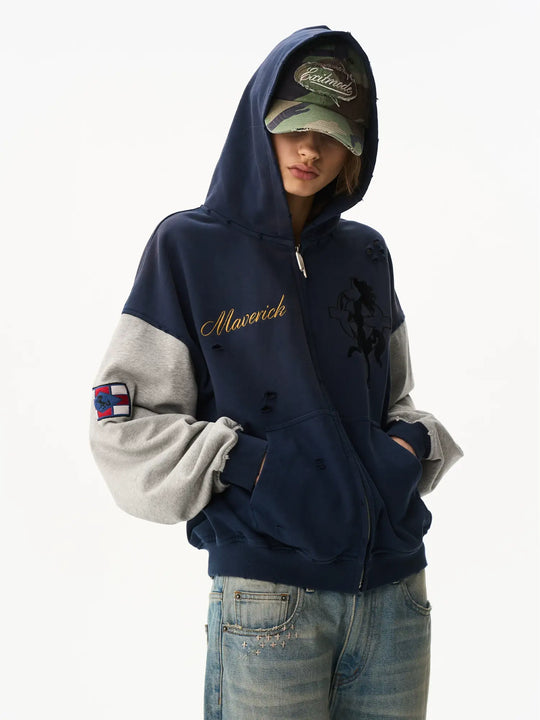 EXITMODE BY BLIND NO PLAN Color Block Washed Distressed Oversized Zip Up Hoodie | Face 3 Face