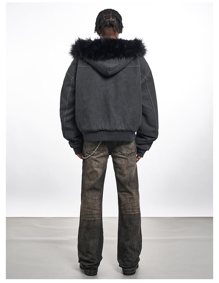 F3F Select Washed Deconstruction Fur Hooded Bomber Jacket | Face 3 Face