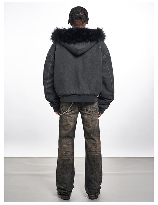 F3F Select Washed Deconstruction Fur Hooded Bomber Jacket | Face 3 Face