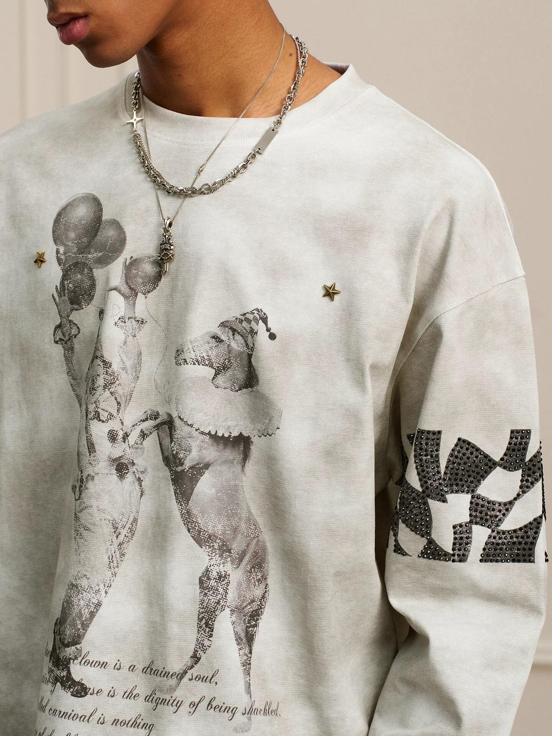 YADcrew Dirty Washed Circus Star Studded Long Sleeve Tee | Face 3 Face