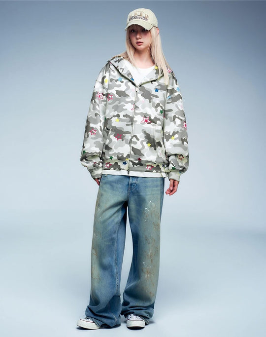 MEDM All Over Colorful Star Camouflage Zip Up Hoodie | Face 3 Face