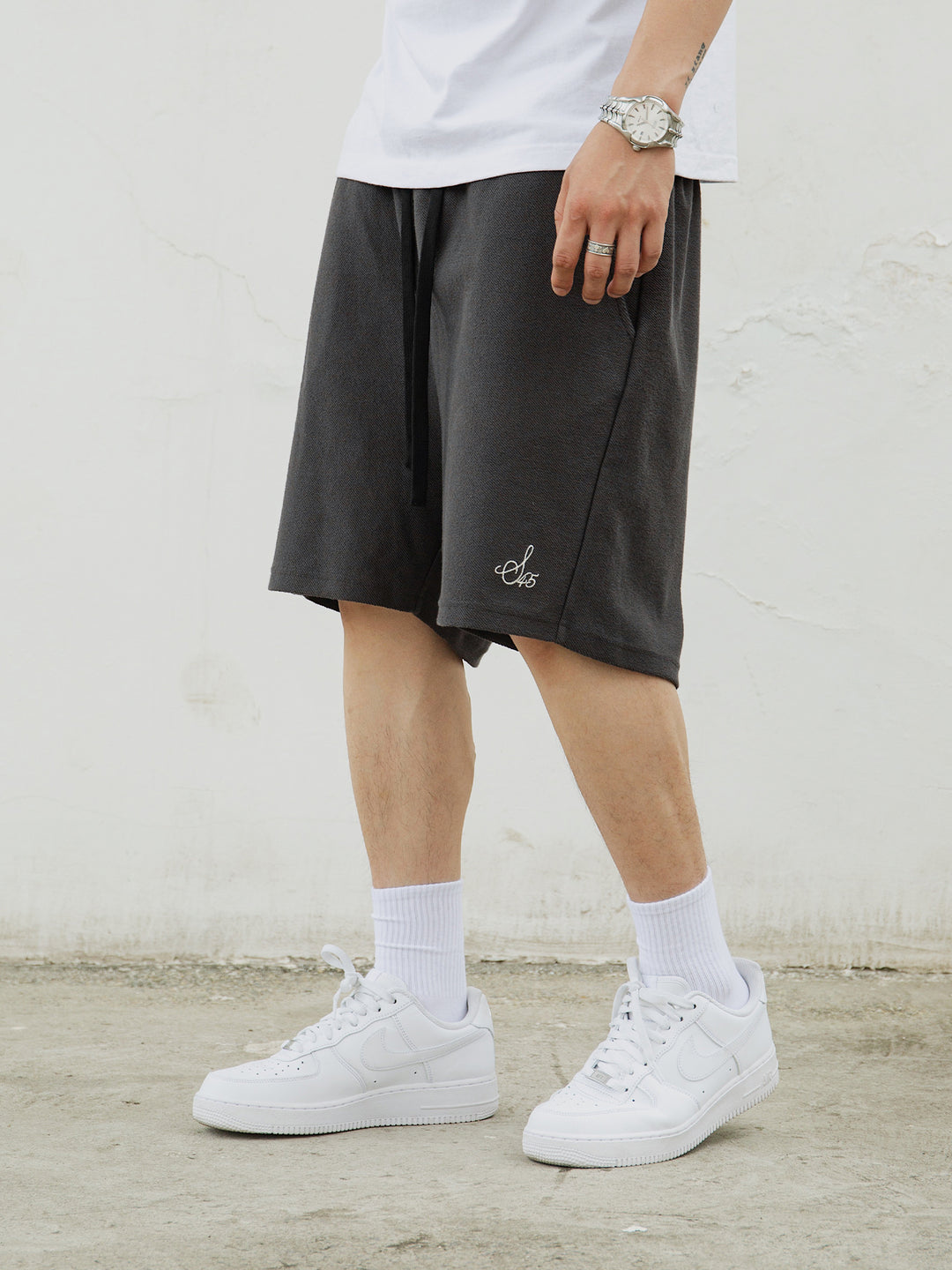 S45 Terry Drawstring Embroidered Logo Solid Color Sports Shorts | Face 3 Face