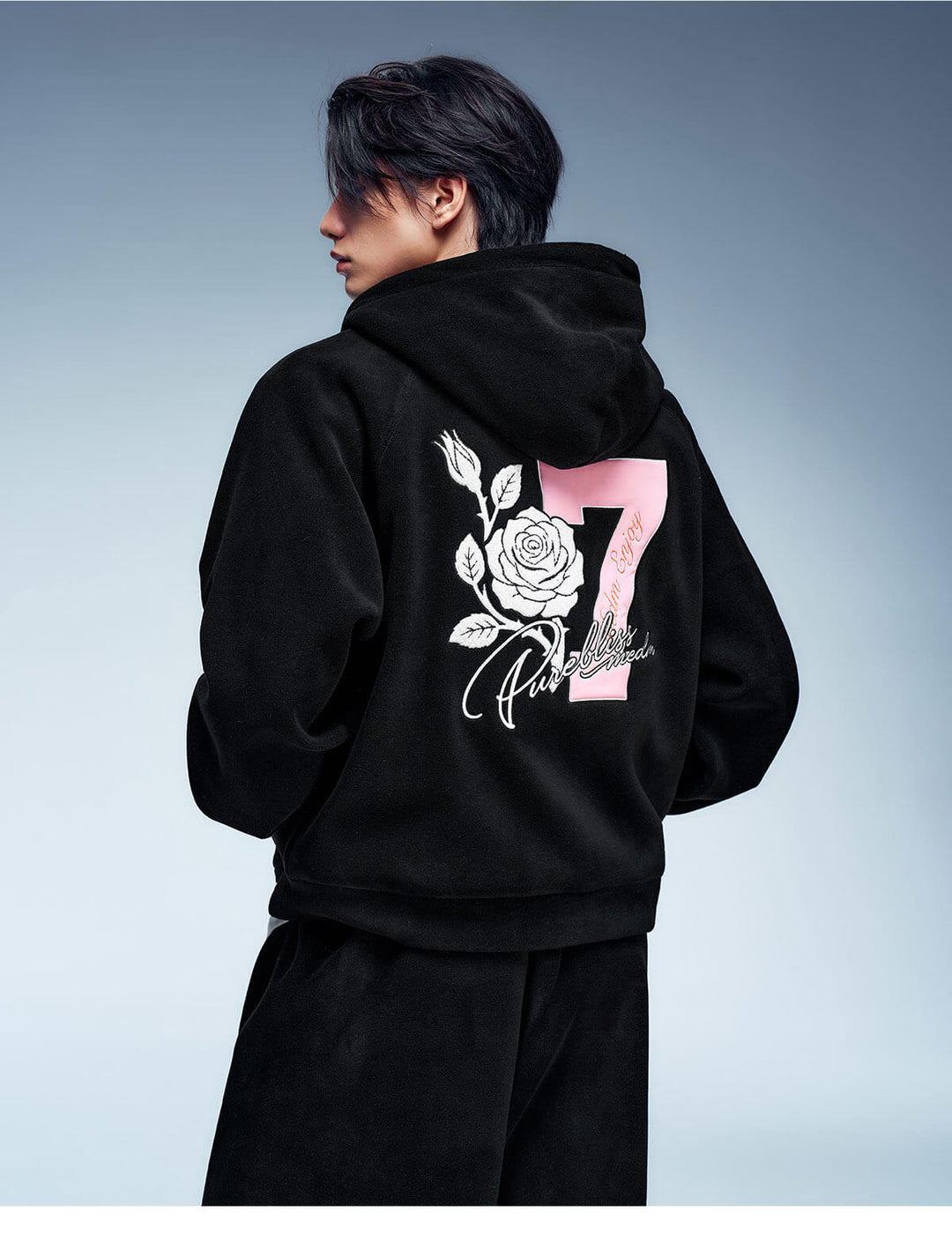 MEDM Rose Embroidered Patch Zip Up Fleece Hoodie | Face 3 Face