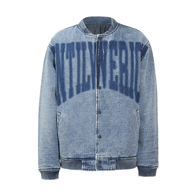 UNTILWERICH Washed Denim Aged Baseball Jacket | Face 3 Face