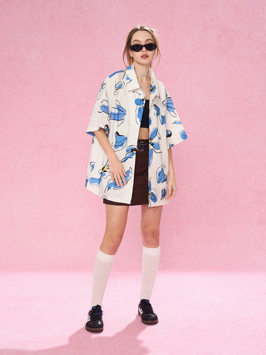 EMPTY REFERENCE White Blue Flower Short Sleeve Shirt