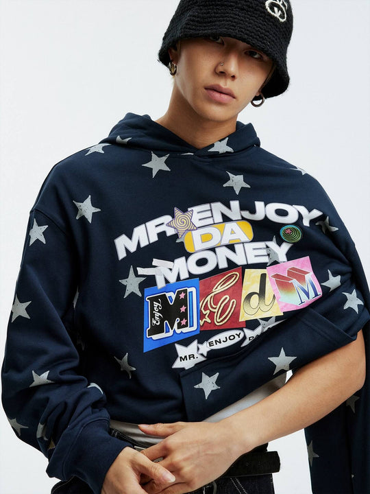 MEDM All Over Star and Graphic Logo Print Hoodie | Face 3 Face