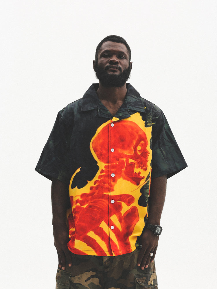 UNTILWERICH Cuban Collar Flaming Skull Short Sleeve Shirt | Face 3 Face