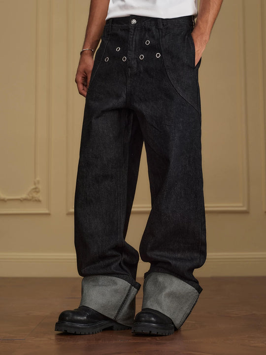 YADcrew Silver Eyelet Contrast Cuff Baggy Jeans | Face 3 Face