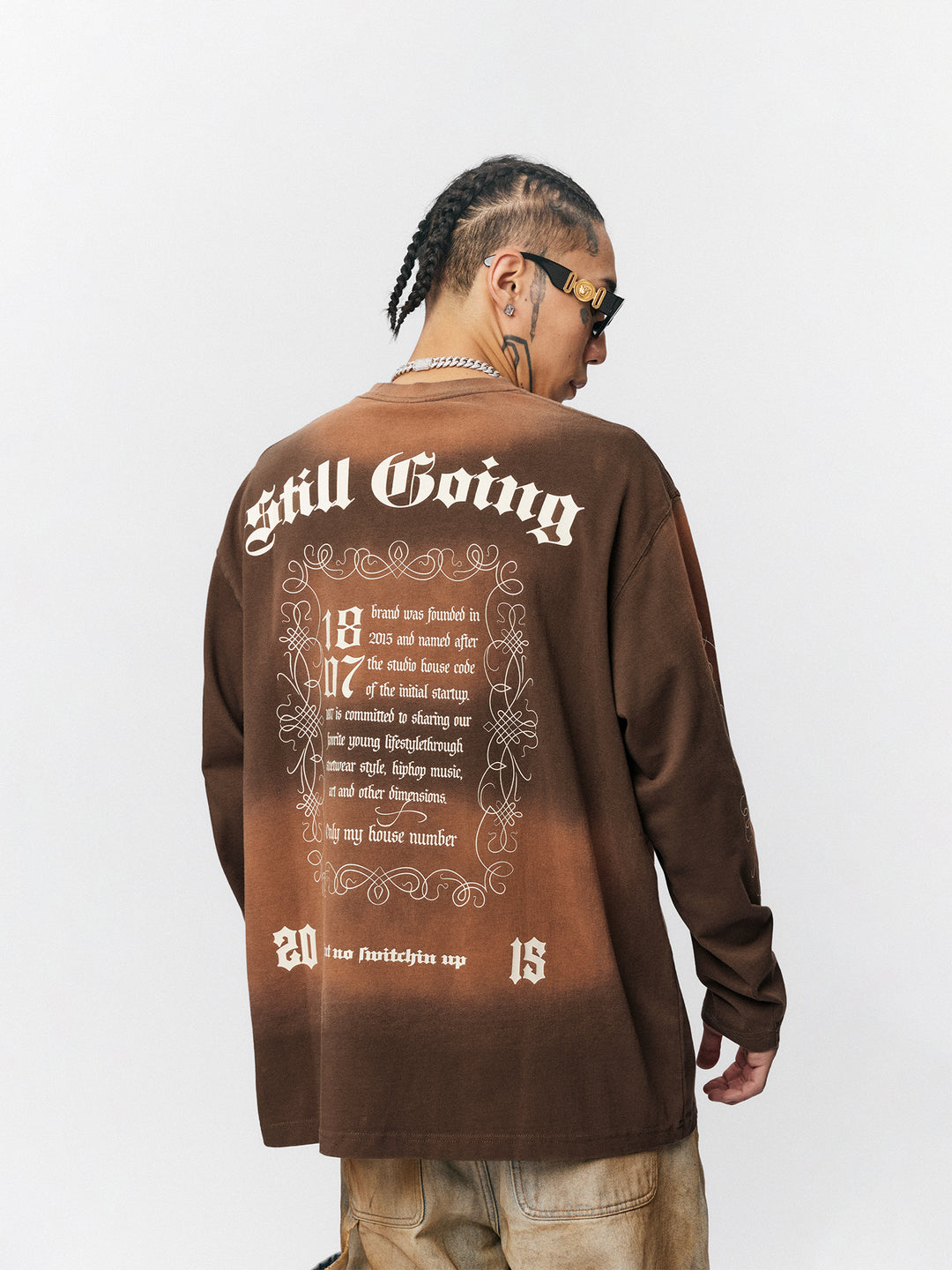 1807 Floral Font Printed Distressed Long Sleeve Tee  | Face 3 Face