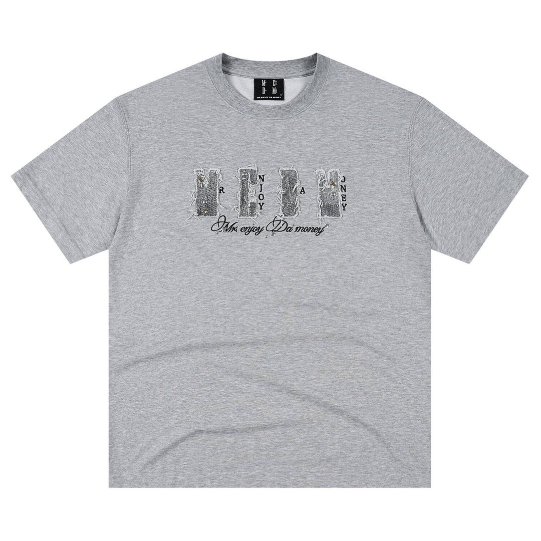 MEDM Distressed Denim Logo Patch Studded Short Sleeve Tee | Face 3 Face