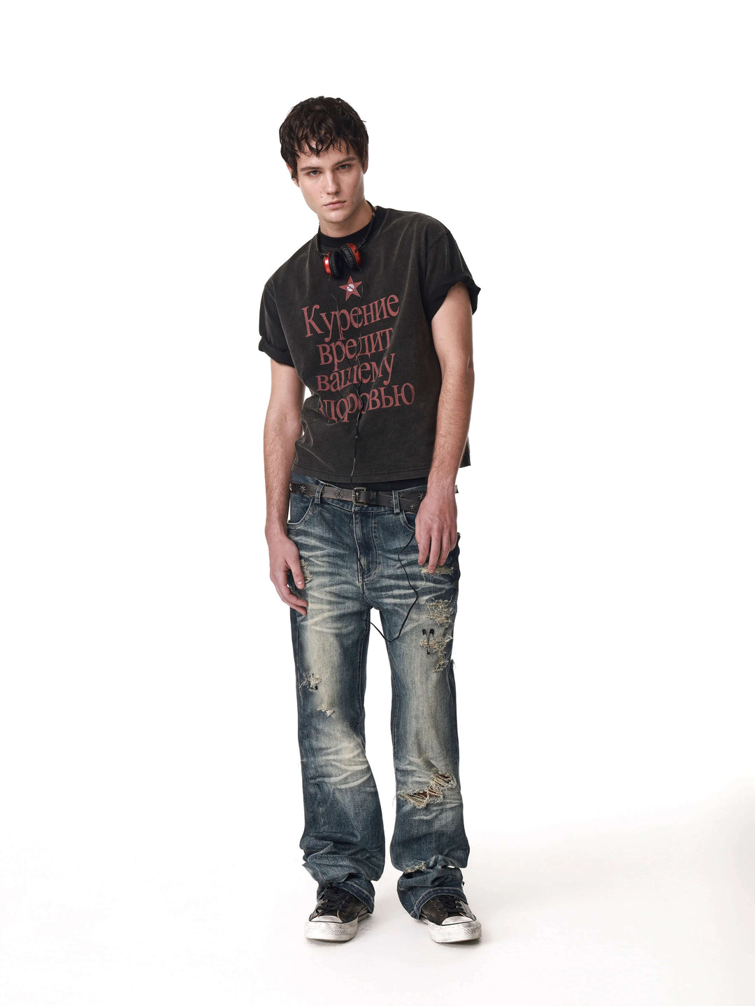 ANTIDOTE Cyrillic Letter Print Washed Short Sleeve Tee | Face 3 Face