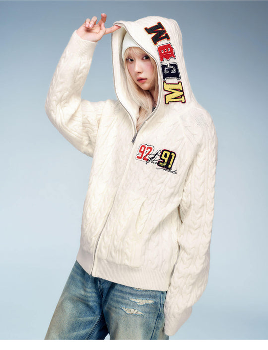MEDM Patch Applique Zip Up Knit Hoodie | Face 3 Face