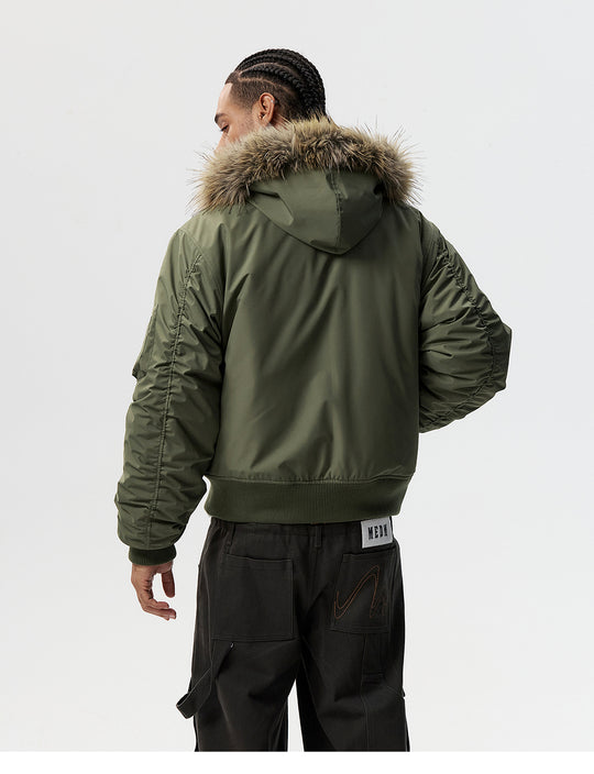 MEDM Animal Logo Patch Fur Hooded Bomber Jacket | Face 3 Face