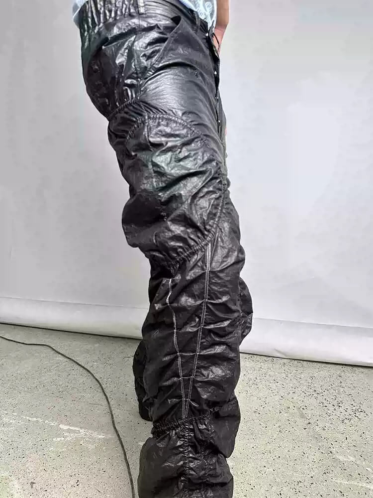 Night Lab Pleated Loose Fit Black Nylon Pants | Face 3 Face