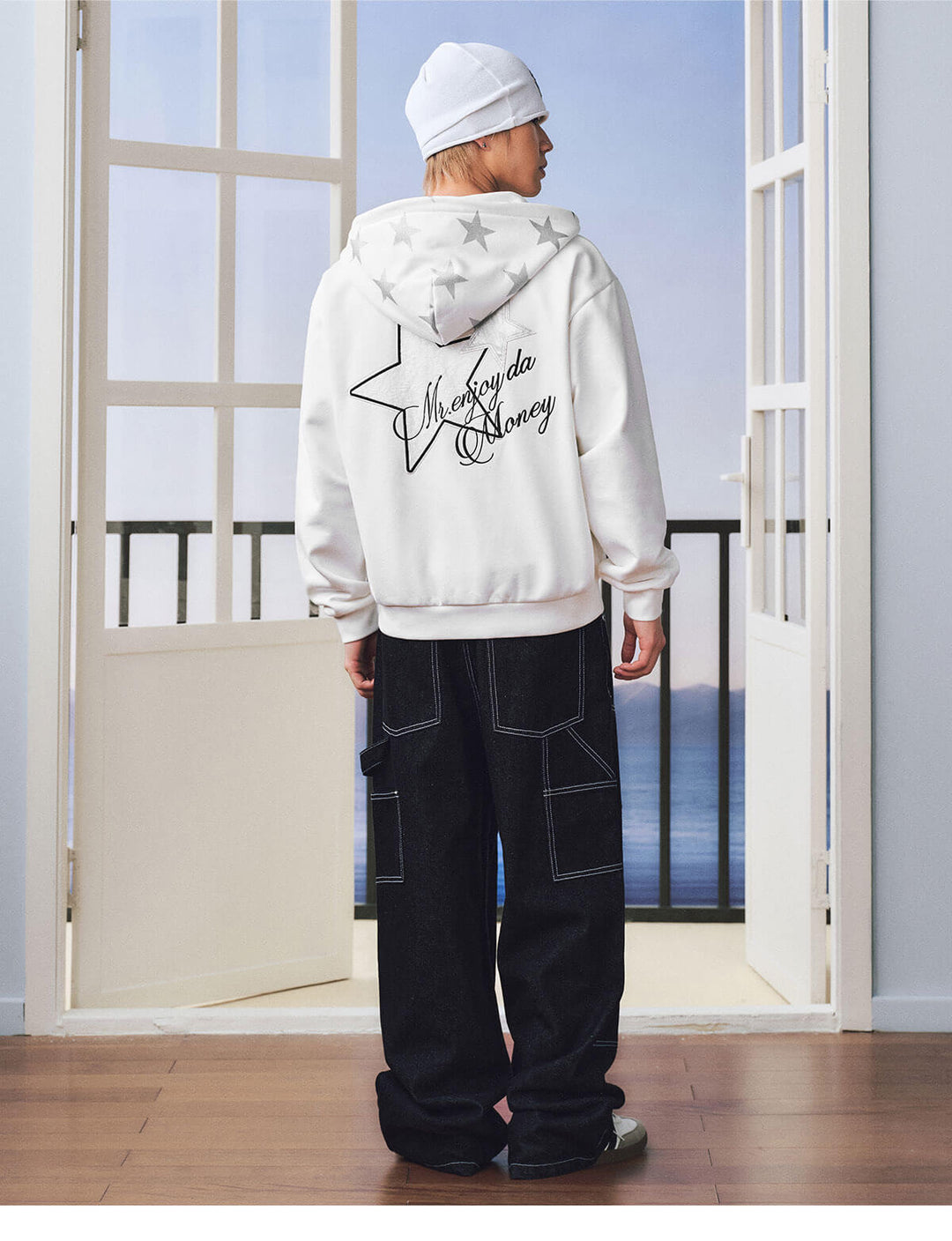 MEDM Lace Number Embroidered Star Print Zip Up Hoodie | Face 3 Face