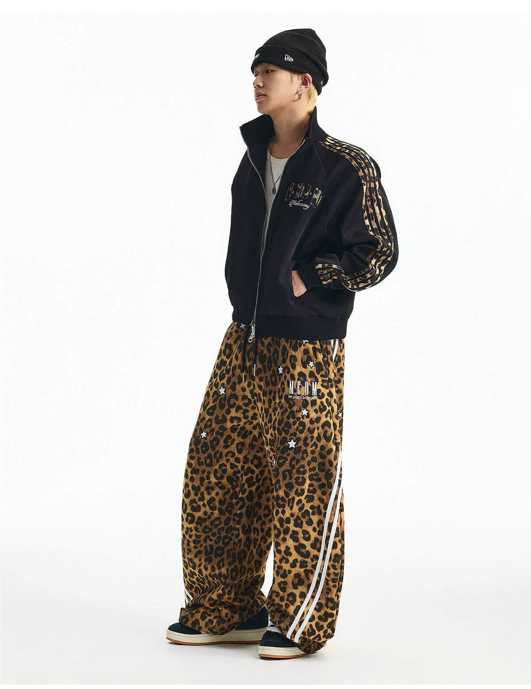 MEDM Leopard Print Stripe Sleeve Track Jacket | Face 3 Face