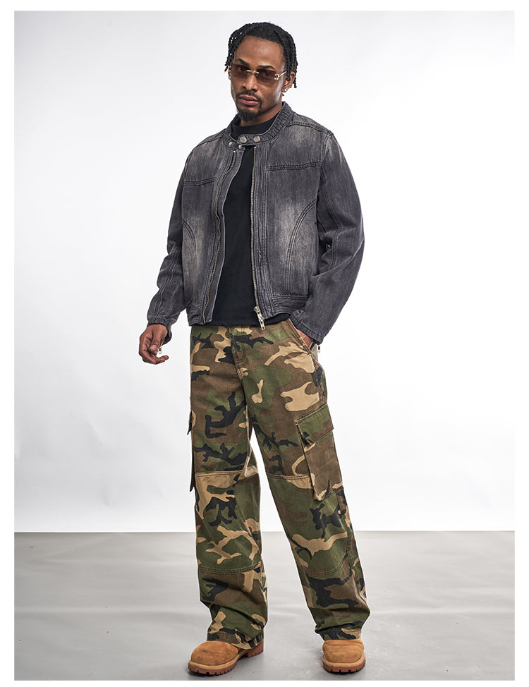 F3F Select Double Rivet Button Washed Denim Motorcycle Jacket | Face 3 Face