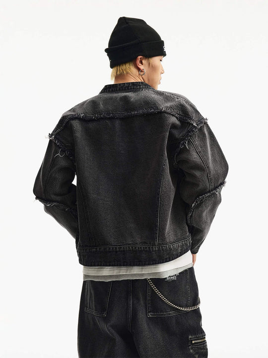 MEDM Washed Distressed Frayed Patchwork Denim Jacket | Face 3 Face