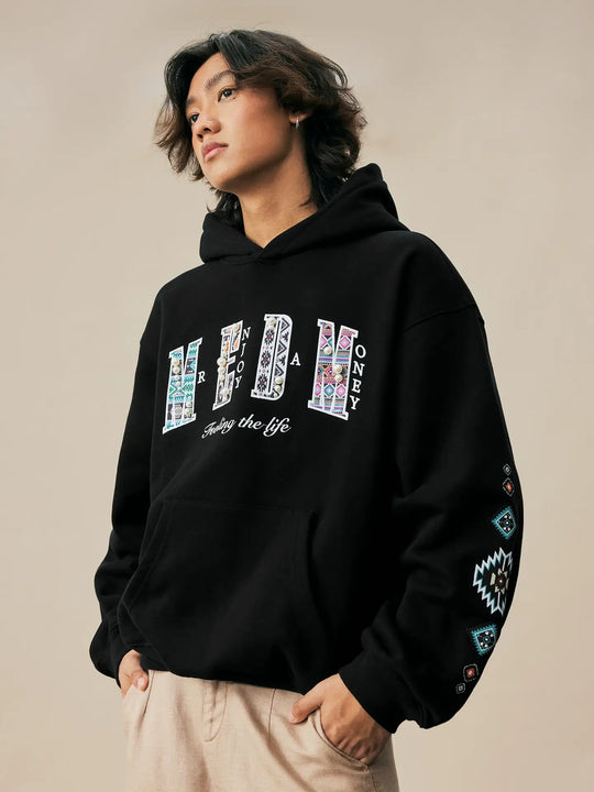 MEDM Ethnic Embroidered Patch Pearl Oversized Hoodie | Face 3 Face