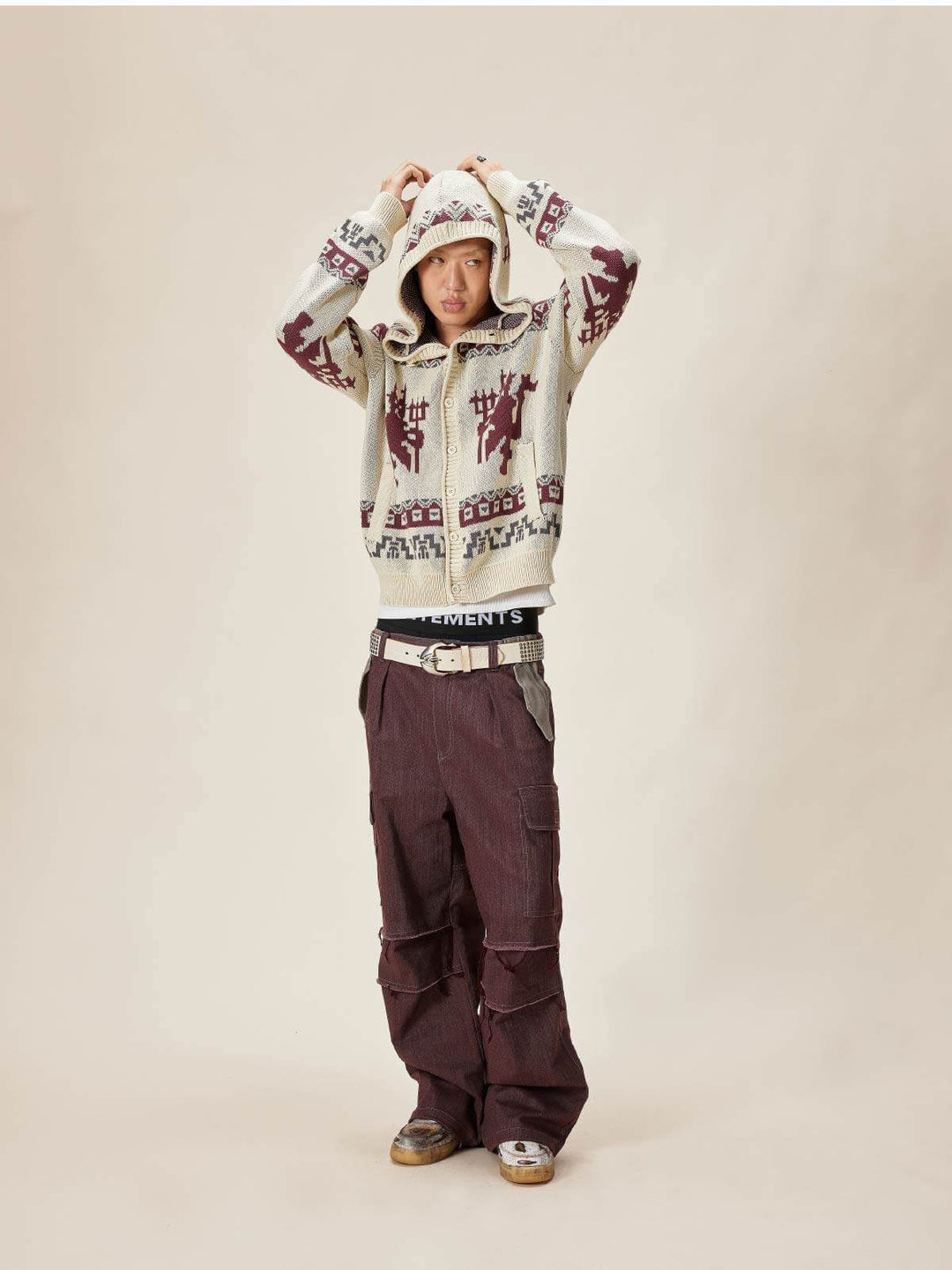 EVILKNIGHT(EK) Ethnic Pattern Knit Hooded Cardigan