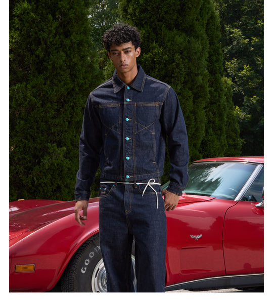 S45 Turquoise Button Denim Jacket | Face 3 Face