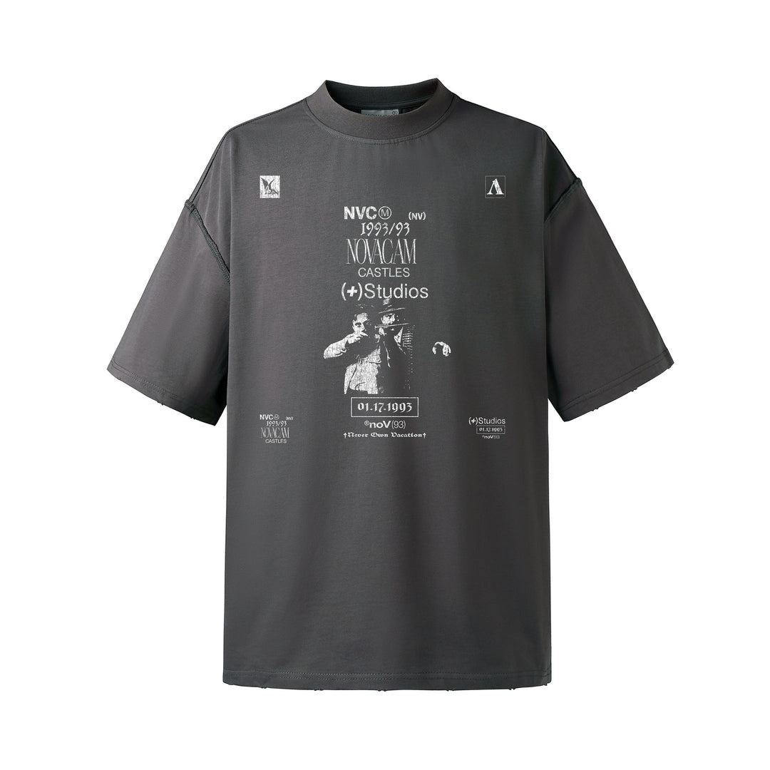 NOVACAM Vintage Washed Crackle Print Reverse Stitching Tee | Face 3 Face