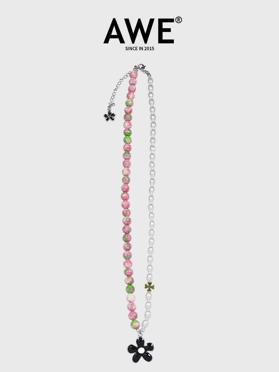 AWE Black Sunflower Pendant Stone Pearl Chain Necklace | Face 3 Face