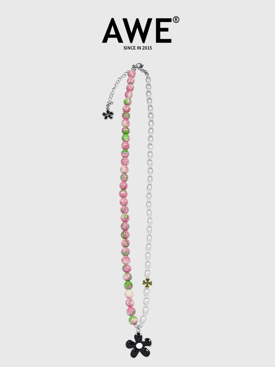 AWE Black Sunflower Pendant Stone Pearl Chain Necklace | Face 3 Face