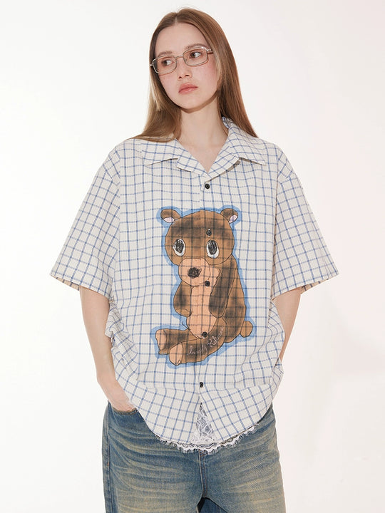 EMPTY REFERENCE Hand Painted Bear Print Plaid Short Sleeve Shirt | Face 3 Face