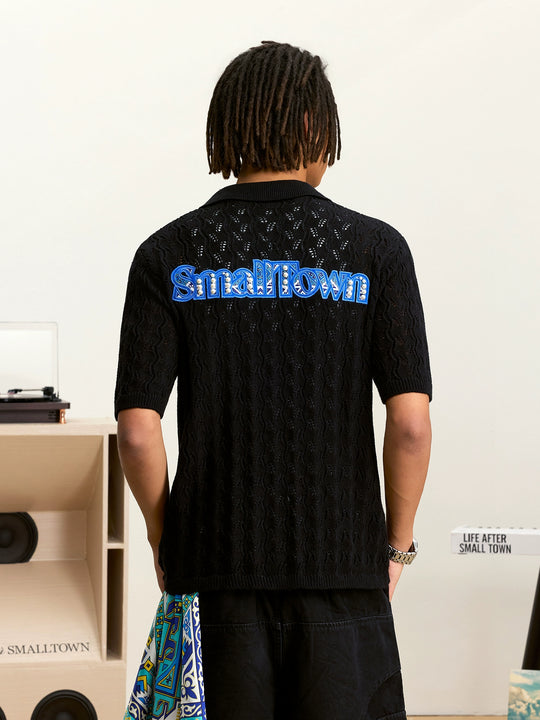 Small Town Kid Ethnic Logo Patch Crochet Knit Hawaiian Shirt | Face 3 Face