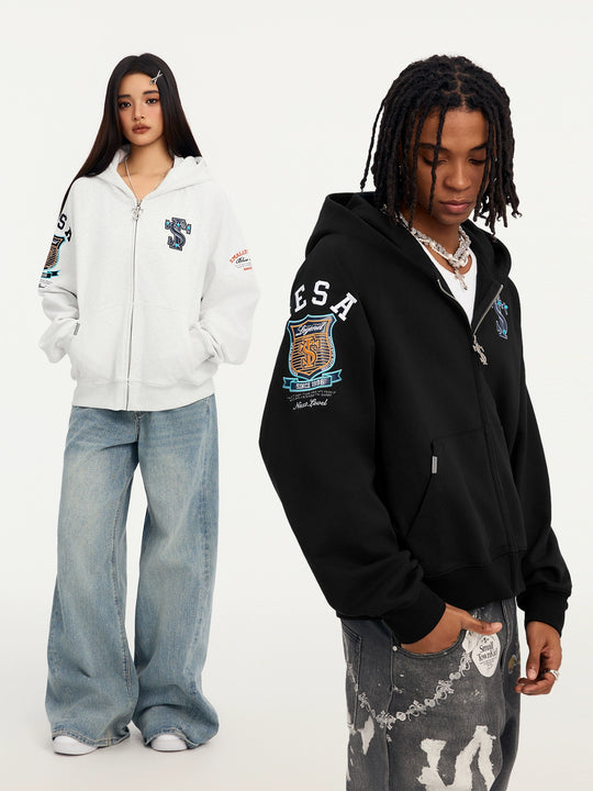 Small Town Kid Turquoise Studded Badge Embroidered Zip-Up Hoodie | Face 3 Face